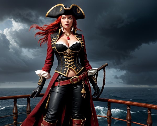 Fierce Pirate on Ship Deck with Dramatic Clouds