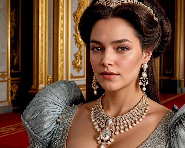 Elegant woman in silver gown with luxurious accessories