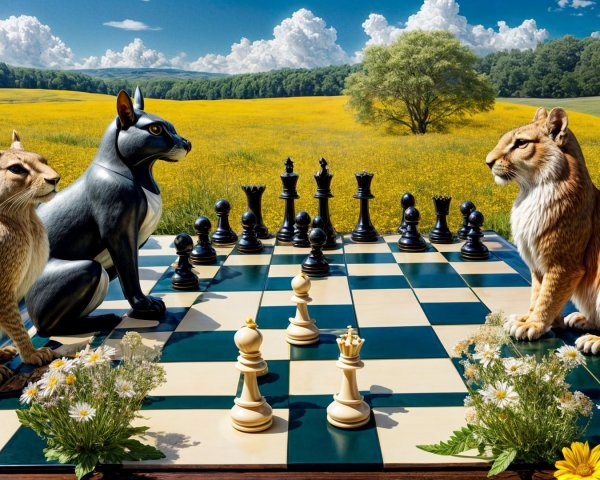 Anthropomorphic Animals Playing Chess in a Meadow