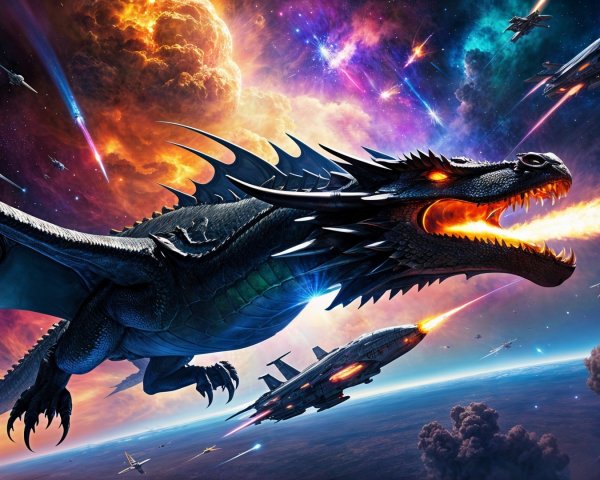 Dragon in Cosmic Battle with Spacecraft and Nebulae