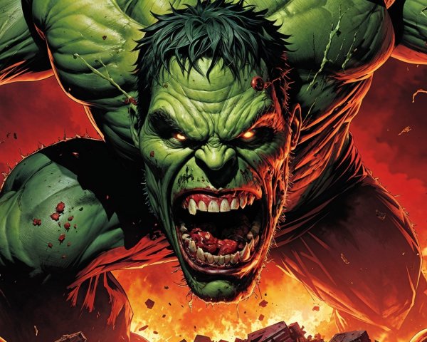 Muscular Green Figure with Intense Rage and Fire