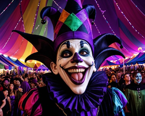 Vibrant Circus Scene with Colorful Tents and Jester