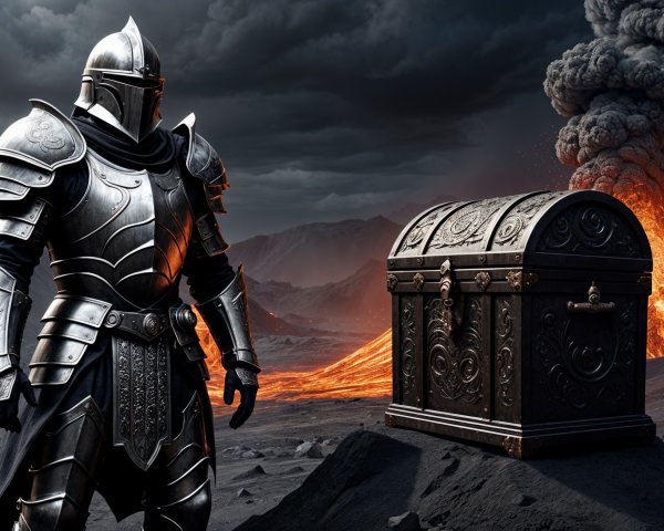 Knight in Armor Against Volcanic Eruption Background