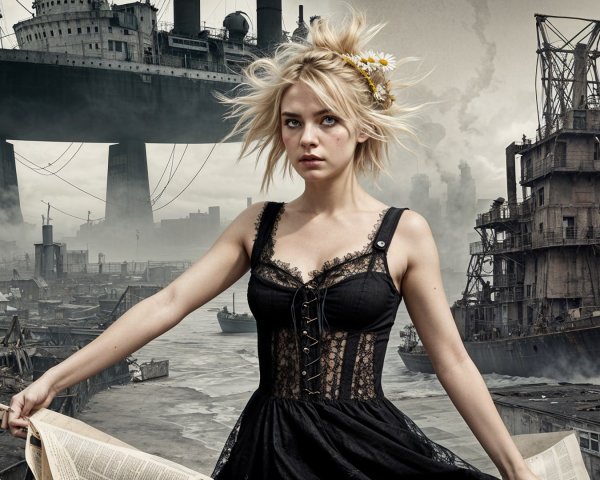 Young Woman in Black Gown in Dystopian Landscape