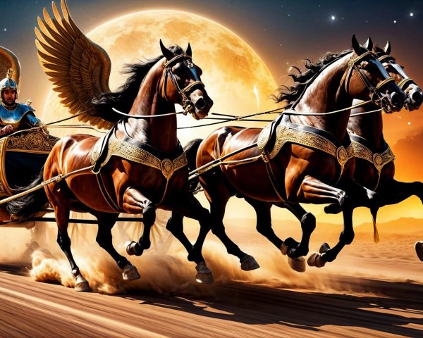 Winged Chariot Race Across Desert Landscape at Night