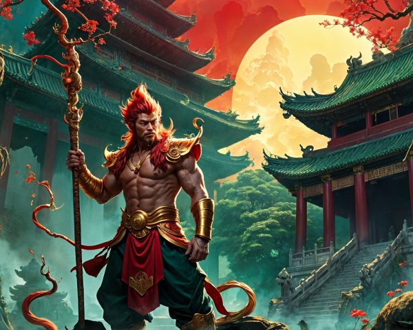 Warrior in Vibrant Landscape with Mystical Elements