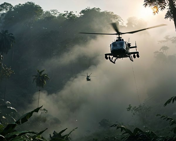 Helicopters Flying Low in Tropical Forest at Dawn