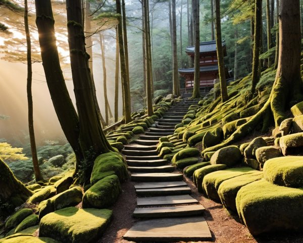 Serene forest scene with sunlight and stone pathway