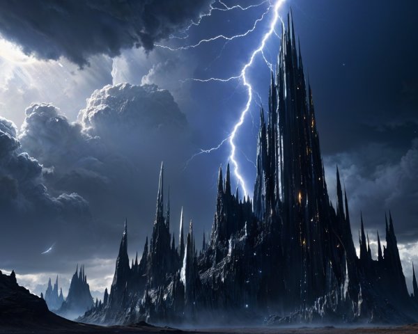 Dramatic Landscape with Jagged Spire and Stormy Sky