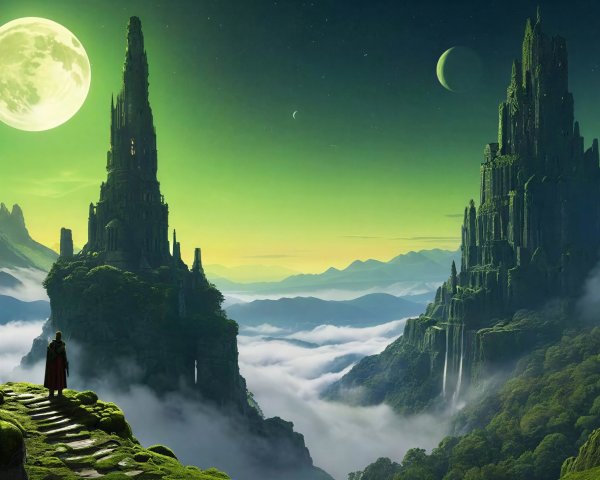 Lush Fantasy Landscape with Full Moon and Castles