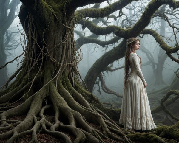 Young woman by gnarled tree in enchanted forest