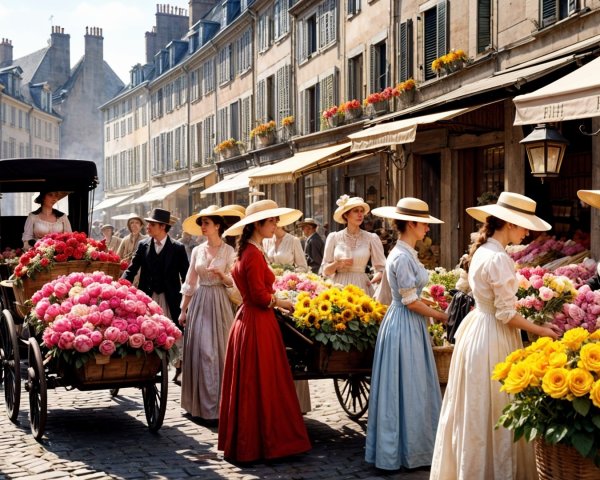 Historic Flower Market with Vintage Attire and Blooms