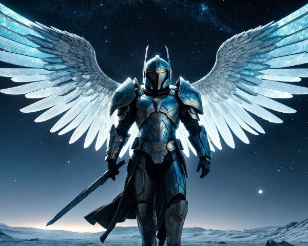 Armored Warrior with Ethereal Wings in Night Sky