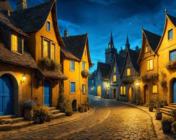 Medieval Village at Dusk with Lanterns and Spires