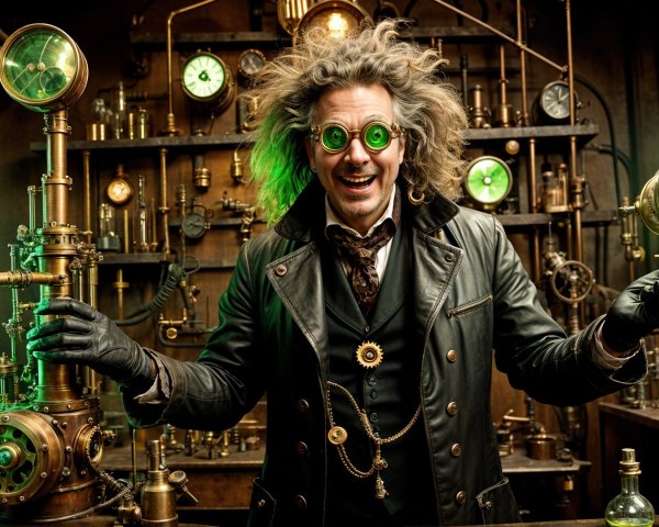 Steampunk Inventor in Quirky Laboratory Setting