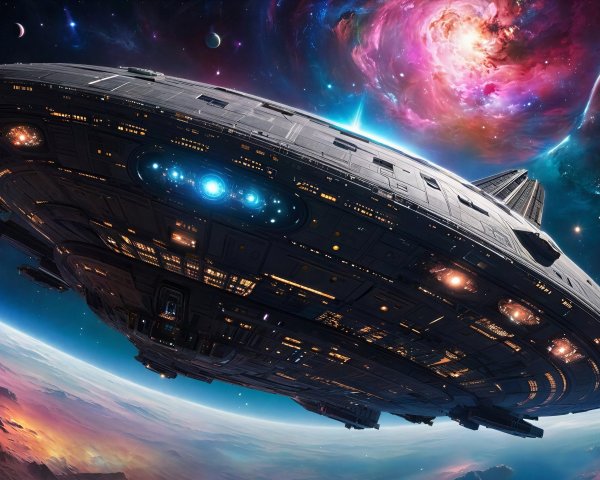 Futuristic Spaceship Orbiting an Alien Planet