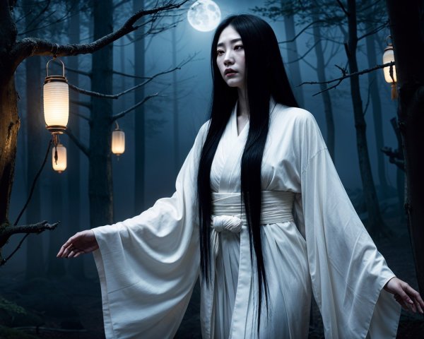 Mystical Forest Scene with Lanterns and Full Moon