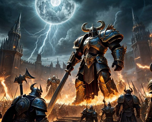 Colossal Armored Warrior on Stormy Battlefield Scene