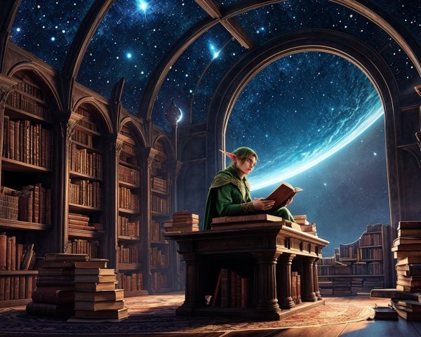 Mystical Library Scene with Celestial Backdrop