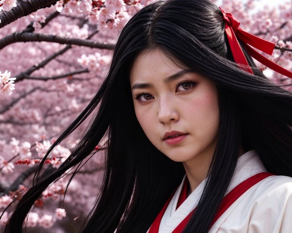 Young Woman Amidst Blooming Cherry Blossoms in Spring