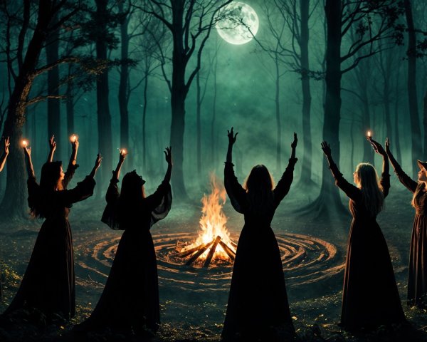 Misty Forest Ritual with Figures and Bonfire
