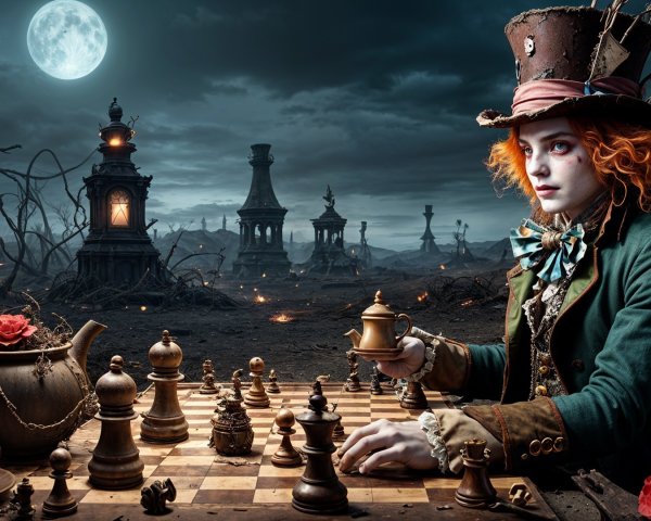 Surreal Moonlit Landscape with Chessboard and Whimsical Figure