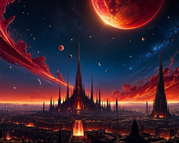 Cosmic Landscape with Futuristic City and Rings Planet