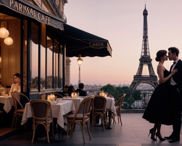 Romantic Parisian café scene with Eiffel Tower backdrop