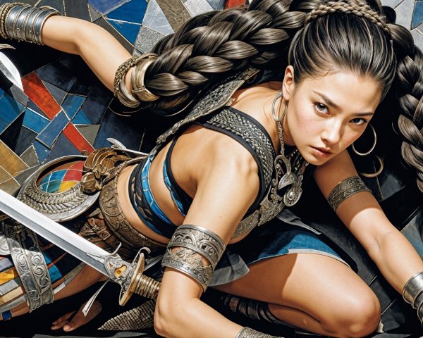 Fierce Warrior Woman in Intricate Armor and Dual Swords