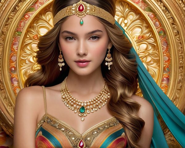 Portrait of a Young Woman in Ornate Jewelry and Attire