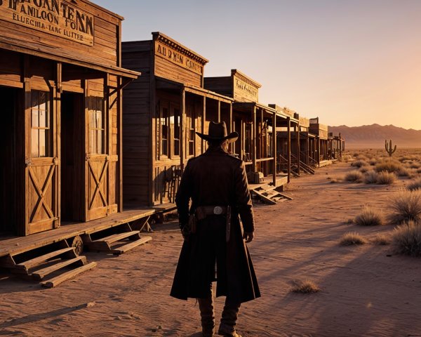 Desert Sunset with Cowboy and Rustic Town Storefronts