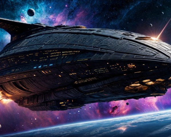 Futuristic spaceship in vibrant cosmic scene