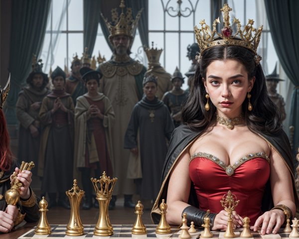 Regal Women at Lavish Chess Table in Opulent Room