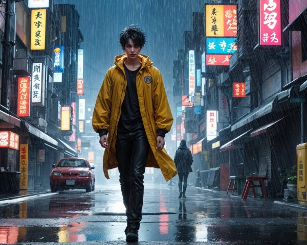 Lone Figure in Yellow Raincoat on Neon Street