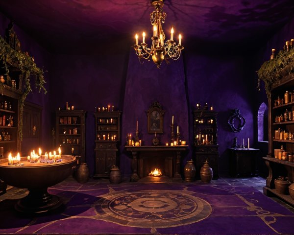 Mystical Room with Purple Hues and Candlelight
