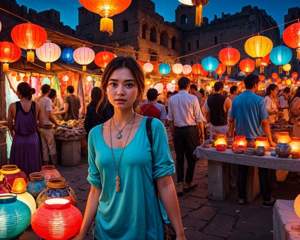 Vibrant Night Market with Colorful Lanterns and Stalls
