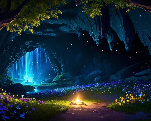 Mystical cave scene with blue light and flowers