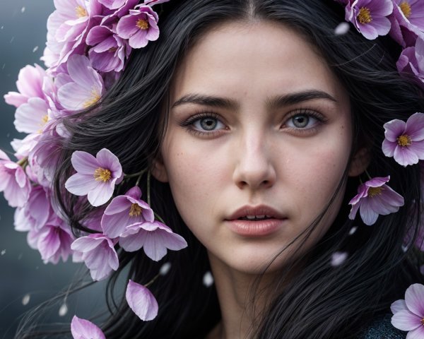 Young woman with blue eyes and floral crown portrait