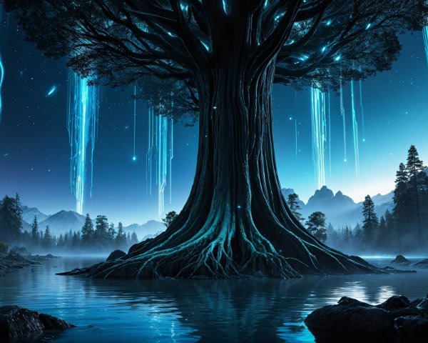 Majestic tree by serene lake with glowing patterns