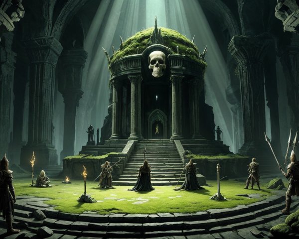 Underground Chamber with Ancient Temple and Shadows