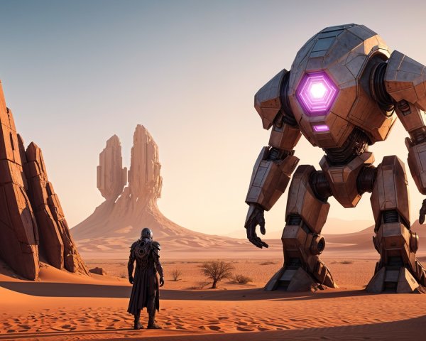 Desert Landscape with Futuristic Robot at Sunset