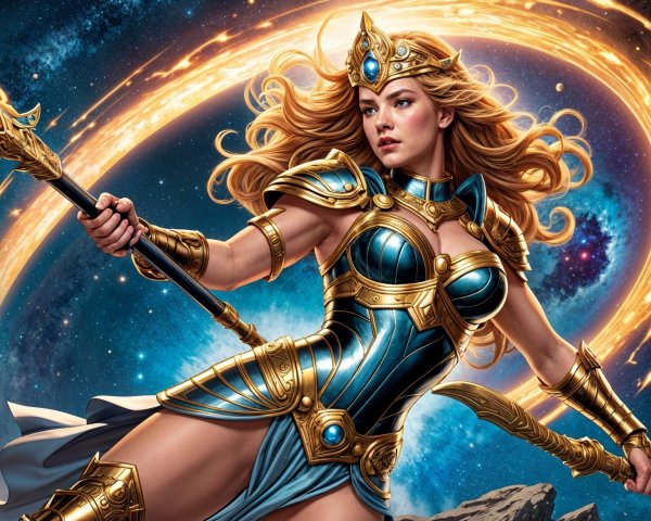 Warrior in Armor with Cosmic Backdrop and Spear