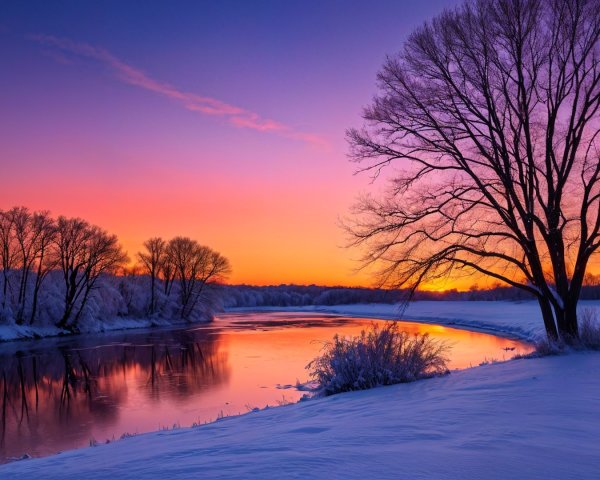 Serene Winter Landscape with Colorful Sunset Reflections