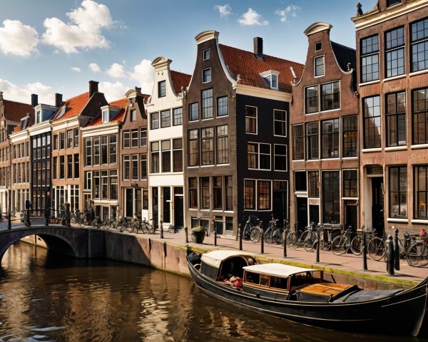 Picturesque canal with historic Dutch buildings and boats