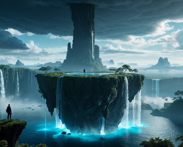 Towering Rock Formation on Floating Island with Waterfalls
