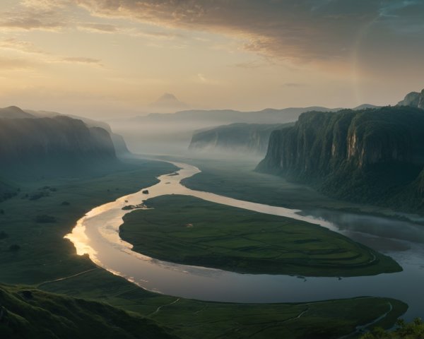 Serene landscape with winding river and misty cliffs