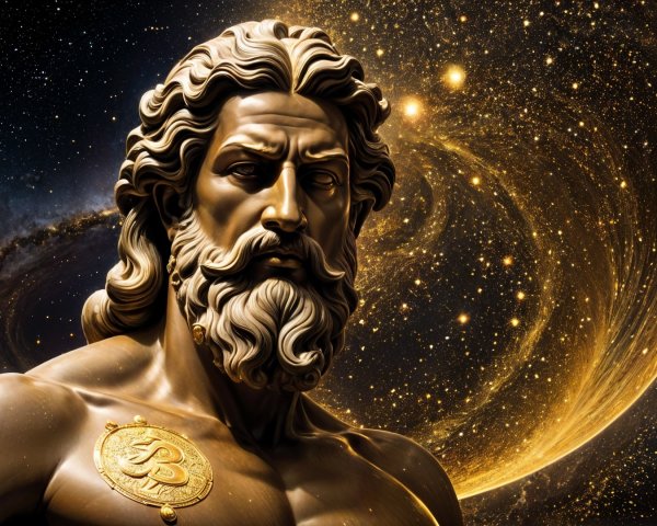 Majestic statue of a powerful figure in cosmic setting