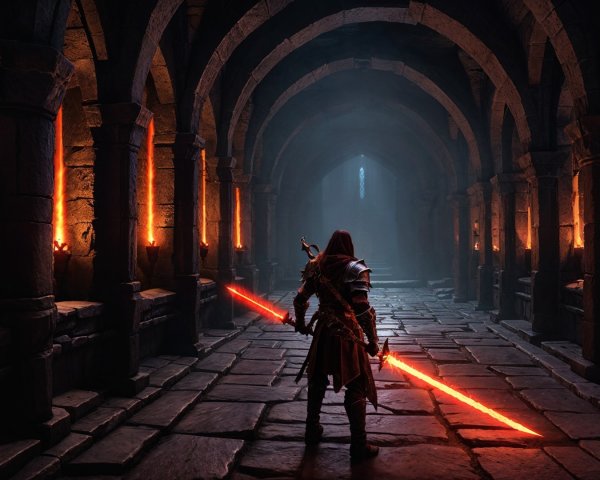 Cloaked Figure with Red Sword in Ancient Corridor