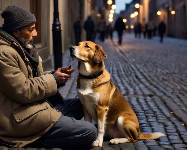Outdoor Scene of a Man with Dog by a Dark Wall