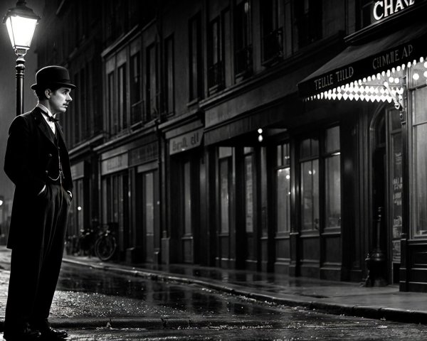 Lone Figure in Tuxedo on Rainy Cobblestone Street